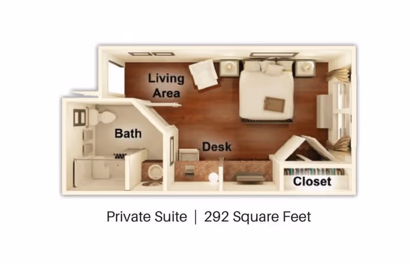 Floor plan of a private suite measuring 292 square feet, showing a living area with a chair, a bedroom with a bed and nightstands, a desk area, a closet, and a bathroom with a toilet and shower.