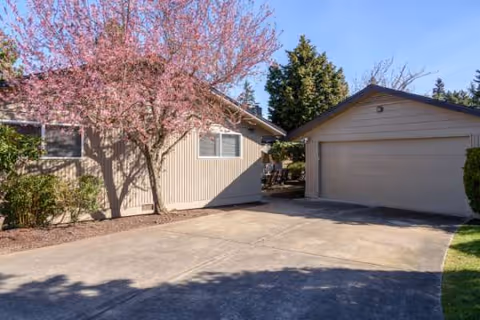 Exterior view of a single-story senior living home with a pink flowering tree.