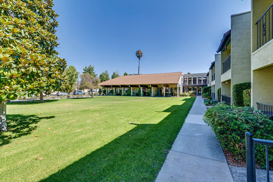 A sunny outdoor area of a senior living facility with a well-maintained green lawn, a large tree on the left, and a paved walkway on the right leading to a building with balconies and a covered patio area. The sky is clear and blue.