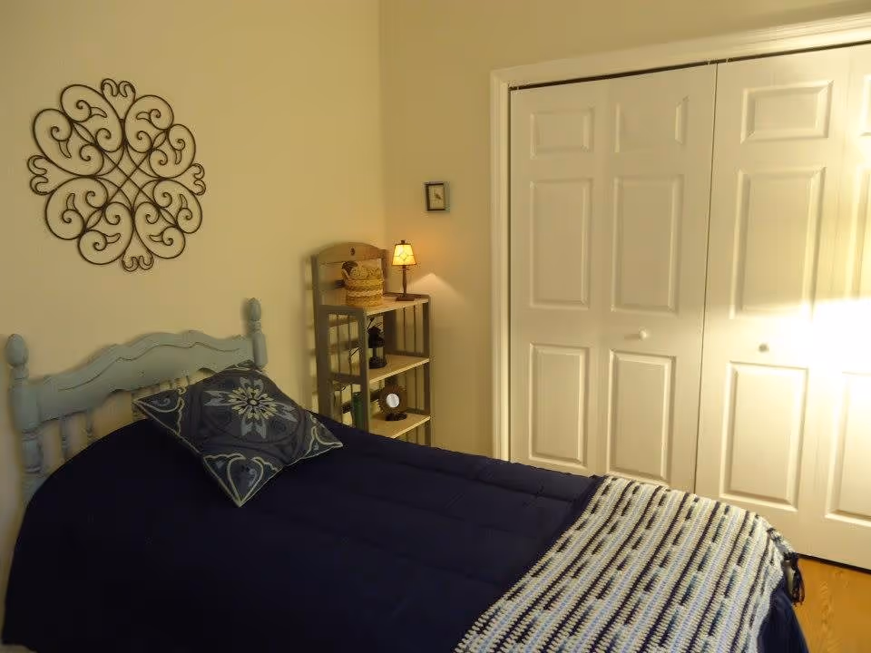 A small bedroom with a single bed dressed in navy bedding, a patterned pillow, decorative wall art, a small shelving unit with a lamp, and closed double closet doors.