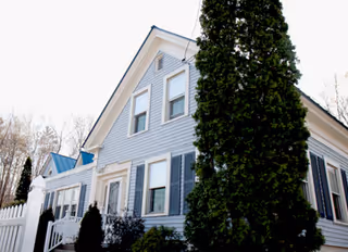 Exterior view of a light blue two-story house with white trim and multiple windows, surrounded by tall evergreen trees and other greenery under a clear sky.