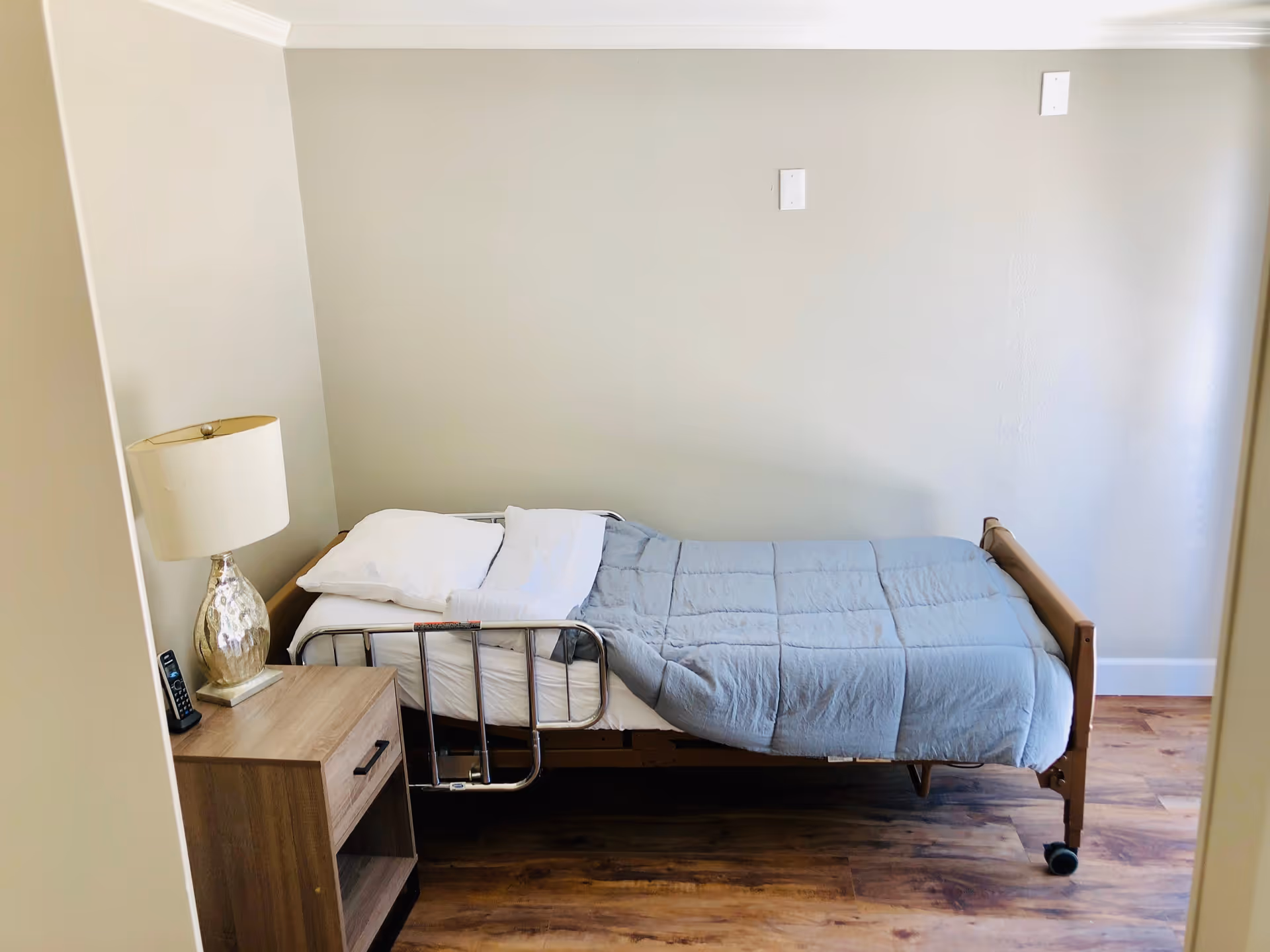 Small bedroom with a single adjustable bed with side rails, a nightstand with a lamp and phone, and wood-look flooring.