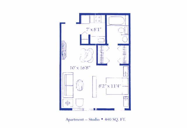 Blueprint floor plan of a studio apartment with a total area of 440 square feet. The layout includes a kitchen area measuring 7 feet by 8 feet 1 inch, a living/dining area measuring 10 feet by 16 feet 8 inches, a bathroom, and a sleeping area measuring 8 feet 2 inches by 11 feet 4 inches. The plan shows furniture placement including a sofa, table, chairs, bed, and bathroom fixtures.