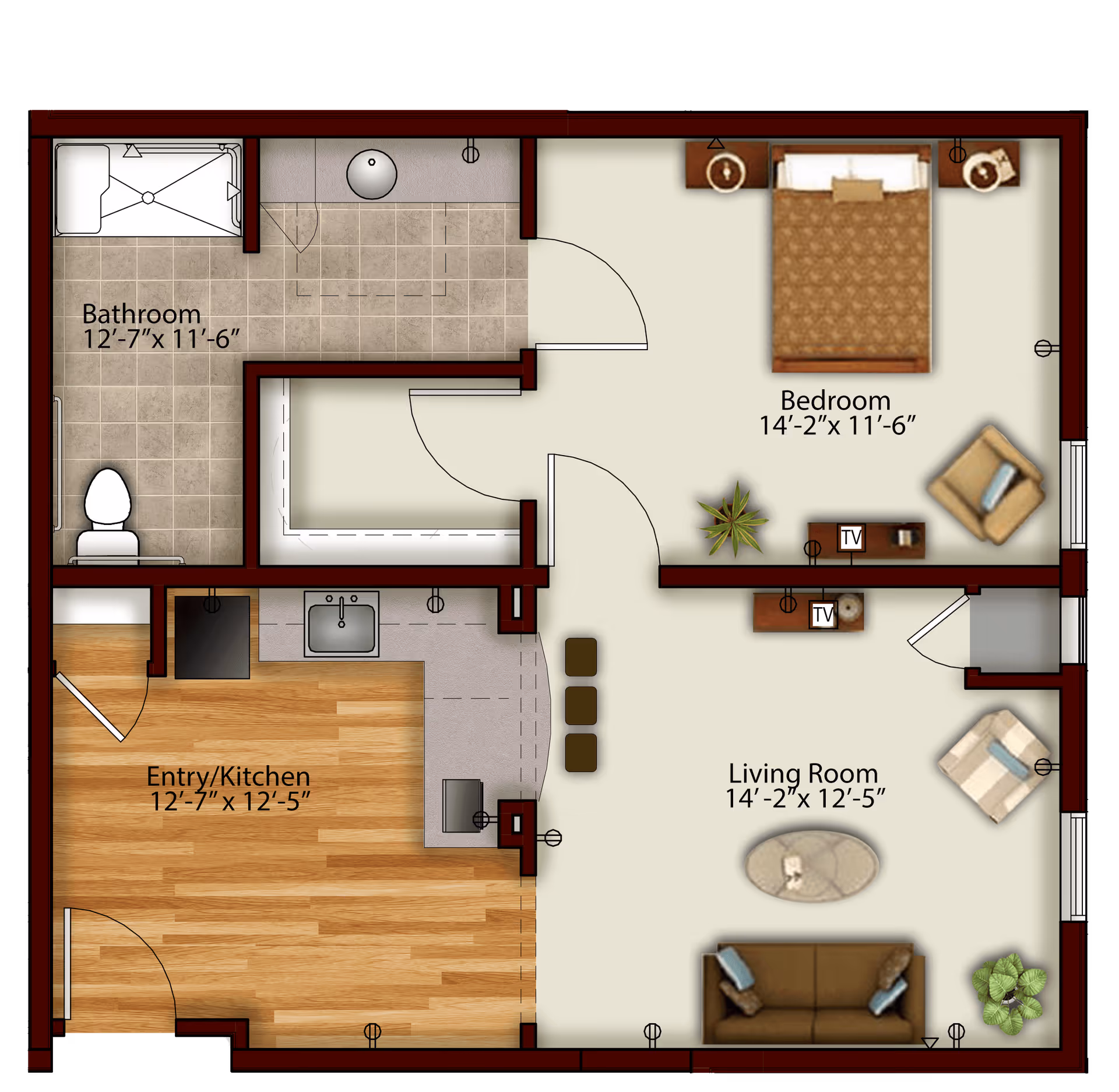 Floor plan of a senior living unit at Harmony at Morgantown showing a bathroom, bedroom, living room, and entry/kitchen area with dimensions and furniture layout.