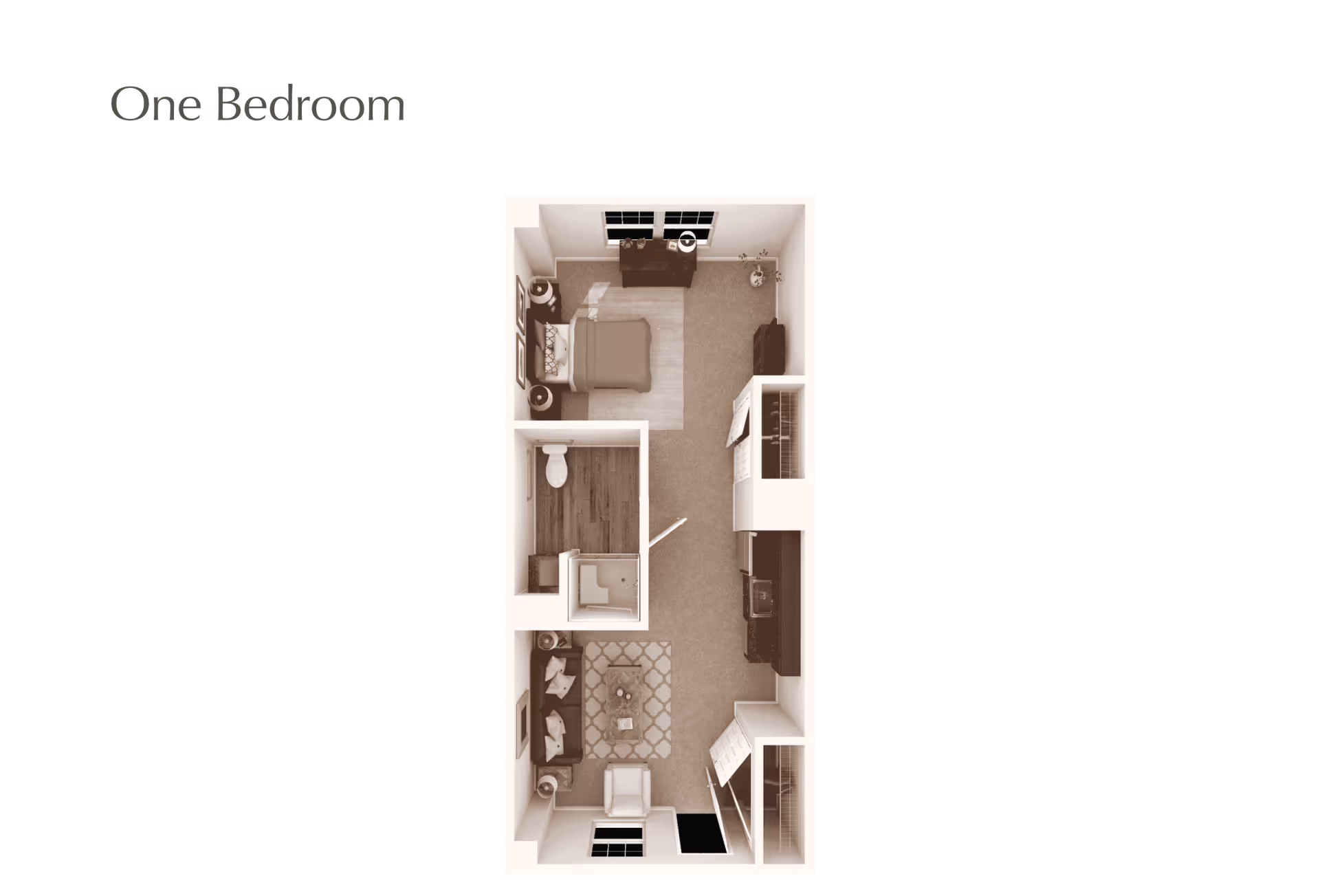 Floor plan of a one-bedroom apartment showing a bedroom with a bed and two nightstands, a bathroom with a toilet and shower, a living area with a sofa, armchair, and coffee table, and a kitchen area with cabinets and appliances.