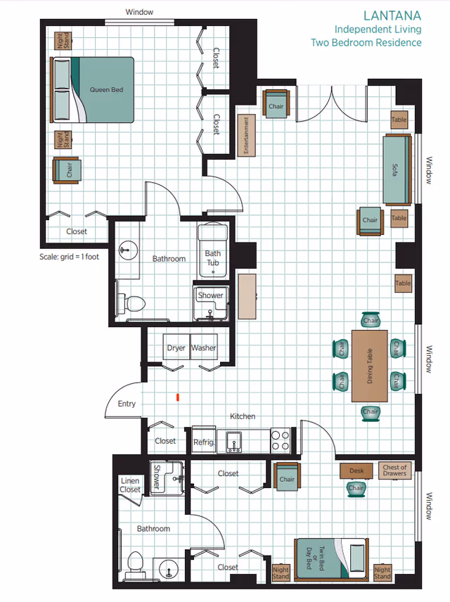 Floor plan of Lantana Independent Living Two Bedroom Residence at Belmont Village Senior Living Turtle Creek, showing two bedrooms with queen and twin day beds, two bathrooms with shower and bathtub, kitchen with refrigerator and stove, dining area with table and chairs, living area with sofa and chairs, closets, washer and dryer, and various furniture placements.