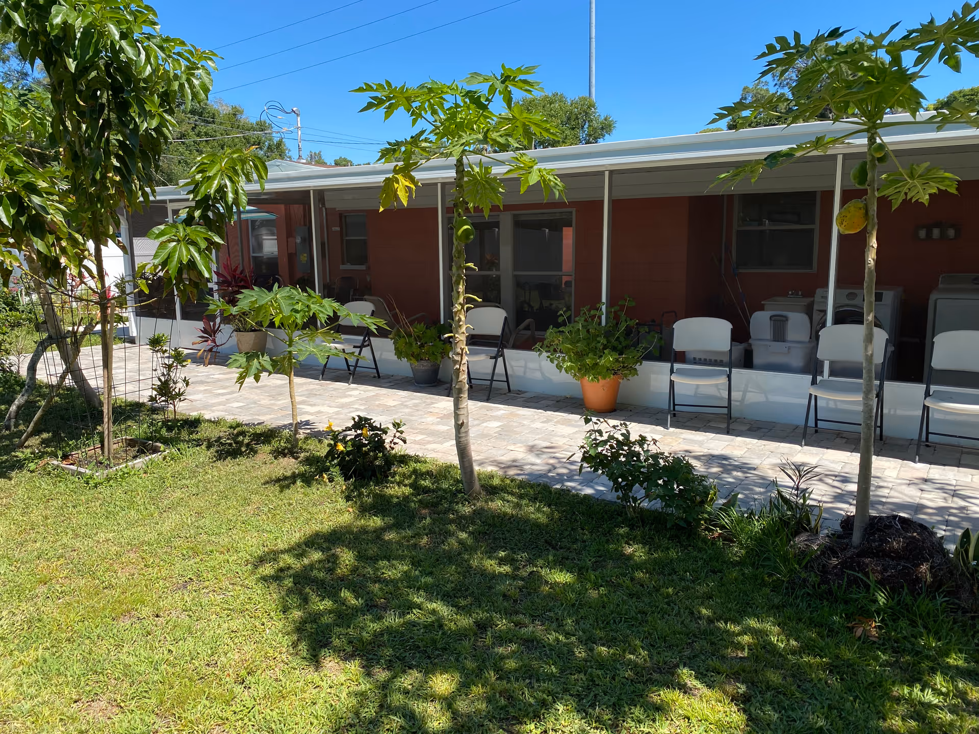 Covered patio of a single-story building with chairs, potted plants, and a grassy yard with small trees.