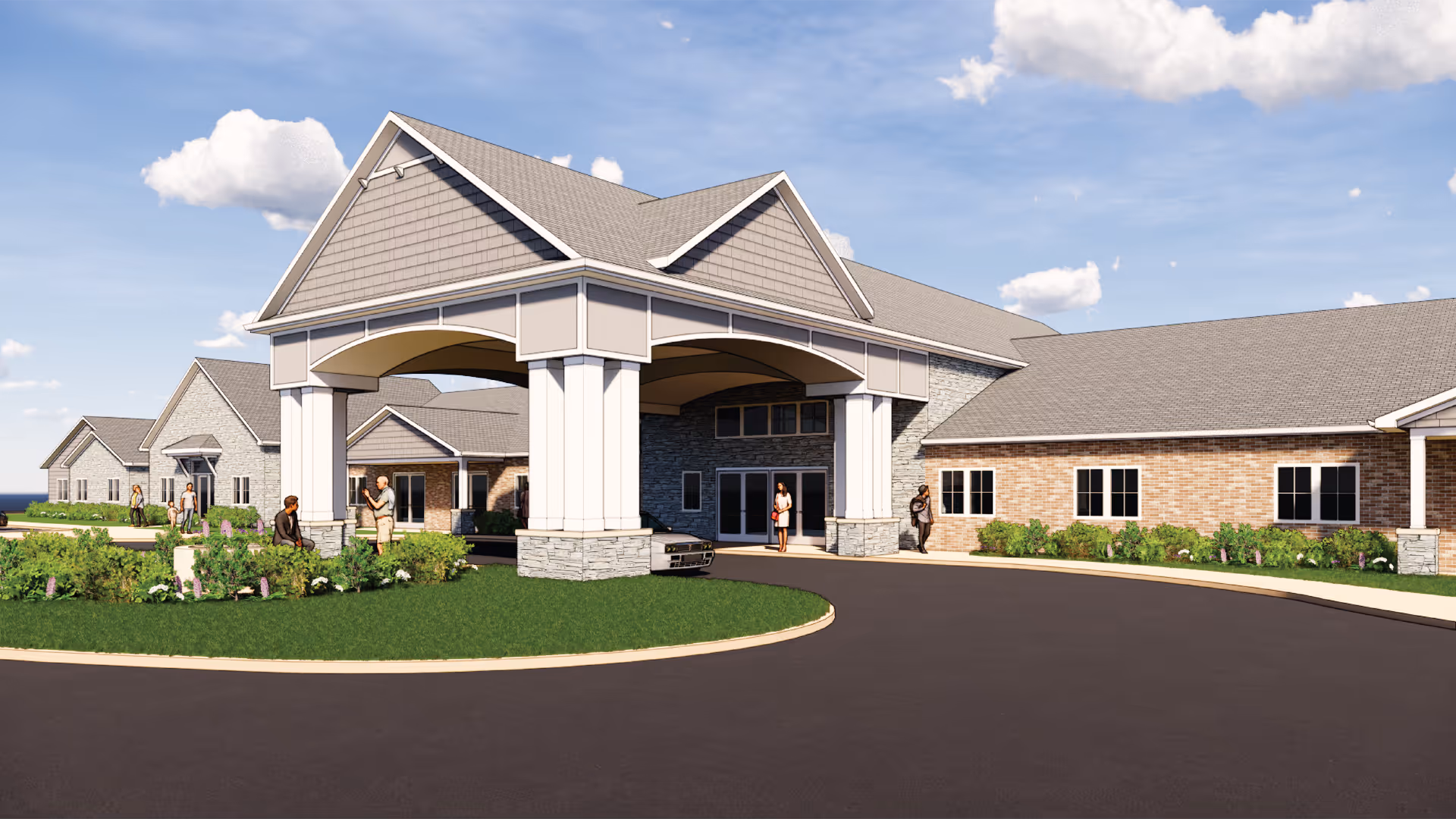 Exterior view of Cedarhurst Senior Living of Nicholasville showing a large covered entrance with columns, a circular driveway, and a brick building with multiple windows. Several people are walking near the entrance and around the landscaped area with green grass and shrubs under a partly cloudy sky.