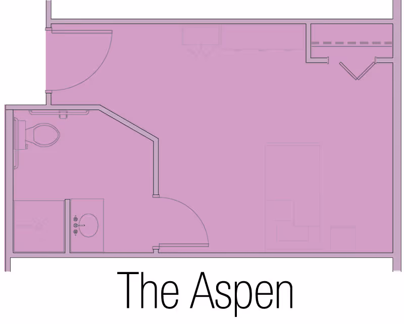 Floor plan layout of a living space named The Aspen, showing a main room with a bed and seating area, a bathroom with a toilet, sink, and shower, and closet/storage spaces.