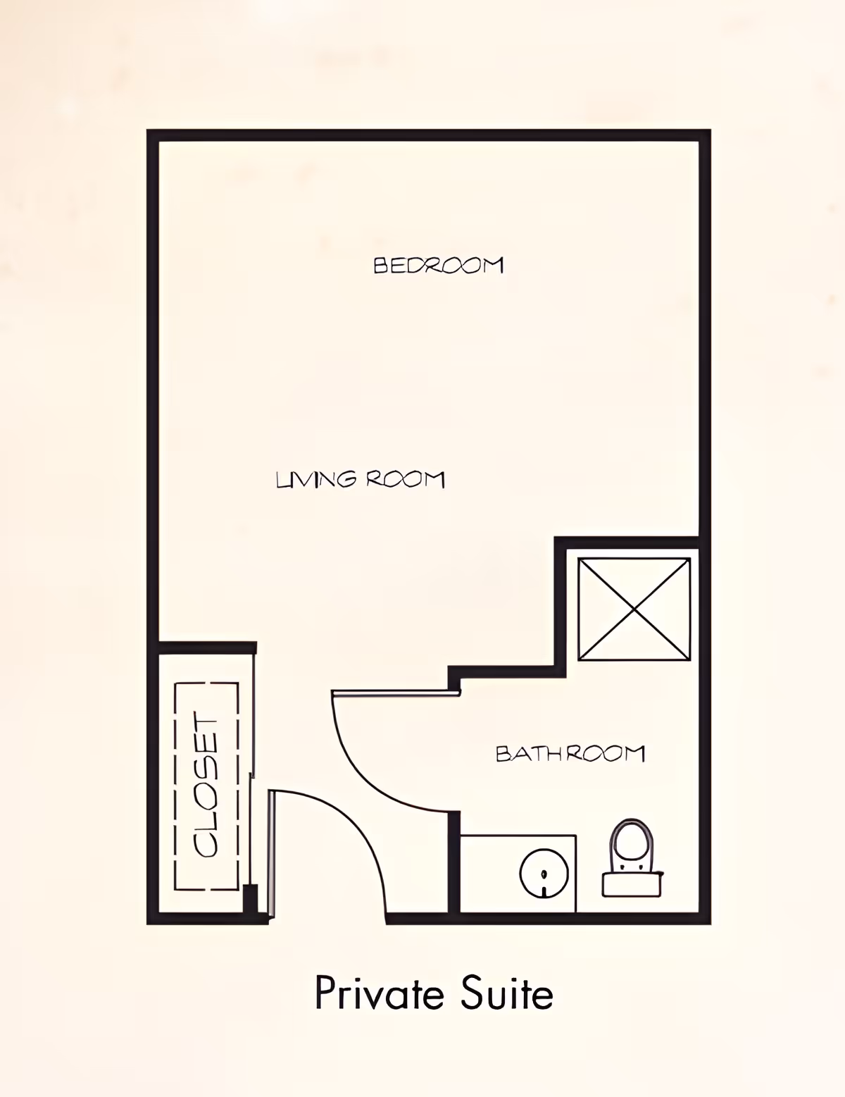Floor plan layout of a private suite showing a bedroom, living room, bathroom with sink and toilet, and a closet.