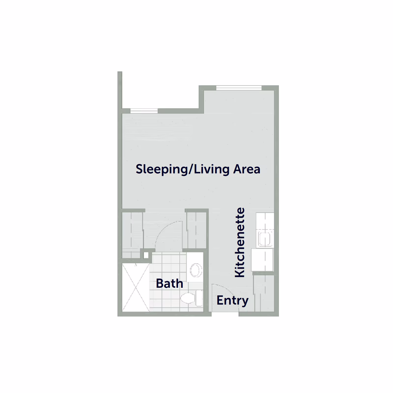 Floor plan layout of a senior living unit at The Palms At La Quinta Senior Living showing a combined sleeping and living area, a kitchenette near the entry, and a bathroom.