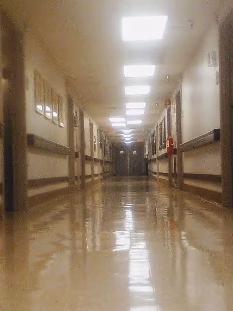 A long, empty hallway in a care facility with bright overhead lights, handrails along both walls, and closed doors on either side. The floor is shiny and reflective.