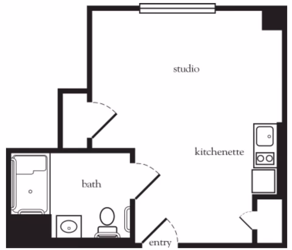 Floor plan of a studio apartment at Atria Lincoln Place showing an entry area leading into a combined studio and kitchenette space, with a separate bathroom containing a bathtub, toilet, and sink.