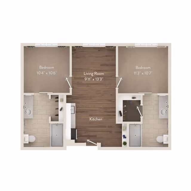 Floor plan of a two-bedroom apartment with a central living room and kitchen area. Each bedroom has an attached bathroom. The left bedroom measures 10 feet 4 inches by 10 feet 6 inches, and the right bedroom measures 11 feet 3 inches by 10 feet 7 inches. The living room measures 9 feet 11 inches by 13 feet 3 inches. The kitchen is located between the living room and the bathrooms.