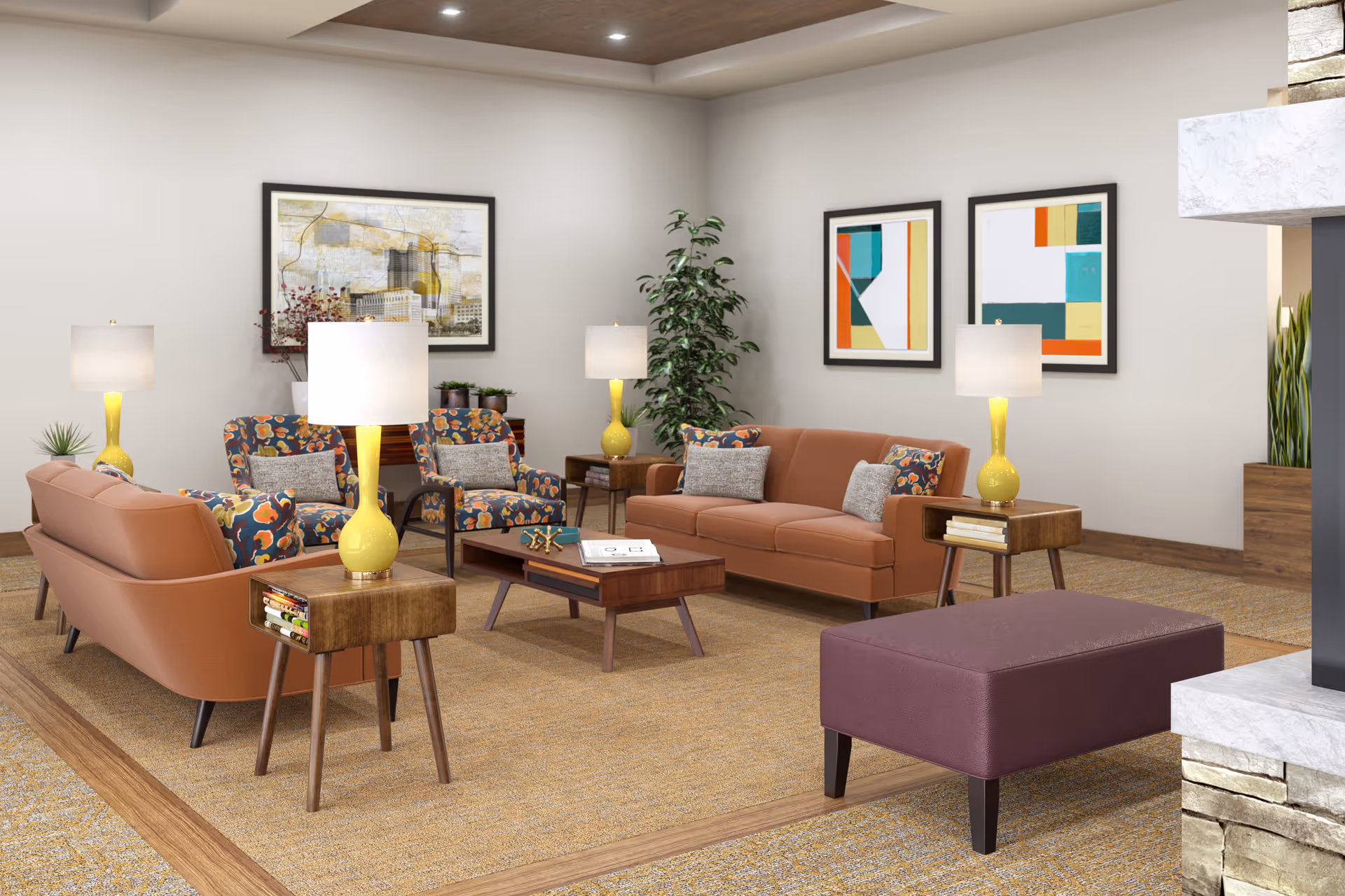 A furnished lounge with sofas, patterned armchairs, coffee tables, lamps, potted plants, and wall art.