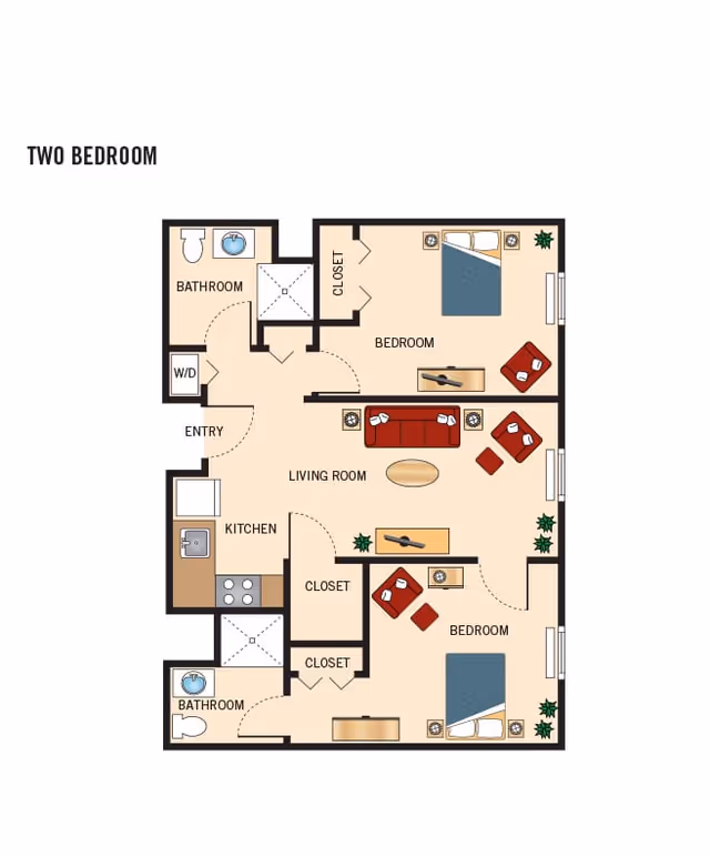 Illustrated two-bedroom apartment floor plan showing a living room, kitchen, two bedrooms, two bathrooms, and multiple closets with furniture placement.