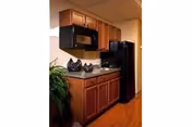 Small kitchenette with wooden cabinets, a black microwave and refrigerator, a countertop with decor, and a potted plant.