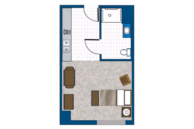 Top-down floor plan of a small studio apartment showing a kitchenette, bathroom, bed, and seating area.