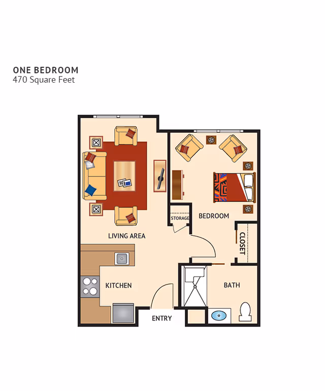 Colored one-bedroom 470 square-foot floor plan showing a kitchen, living area, bedroom, bathroom, closet, storage, and entry.