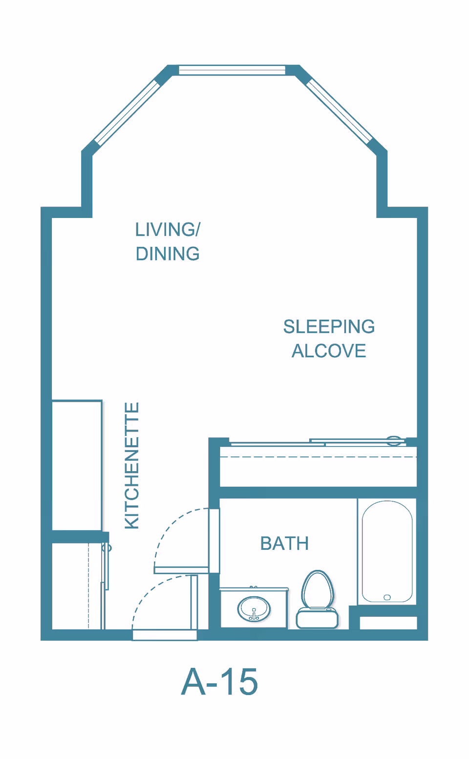 Floor plan labeled A-15 showing a studio layout with a living/dining area, sleeping alcove, kitchenette, and a bathroom with a sink, toilet, and bathtub.