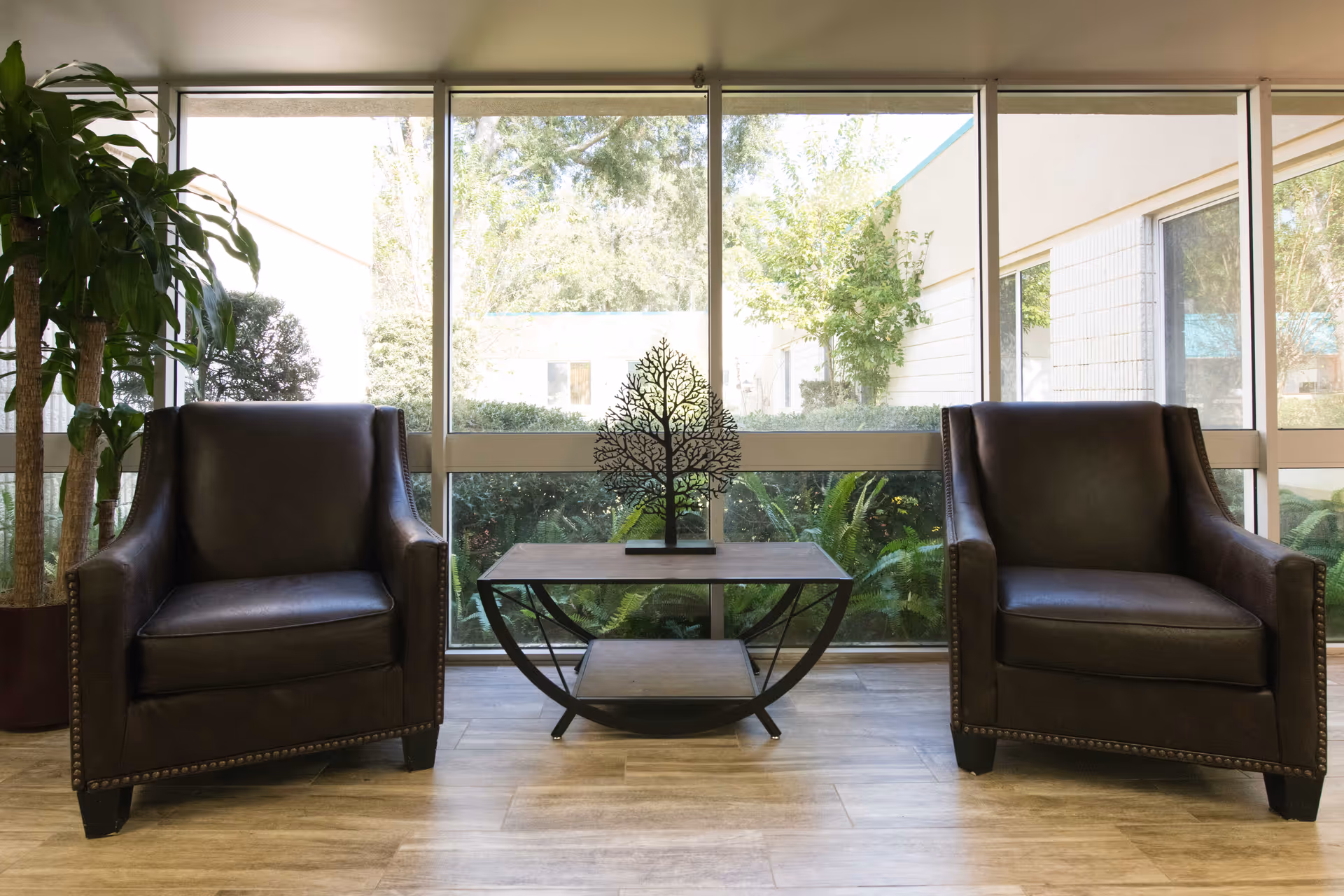 Two leather armchairs flank a coffee table with a decorative metal tree in front of large windows showing greenery outside.