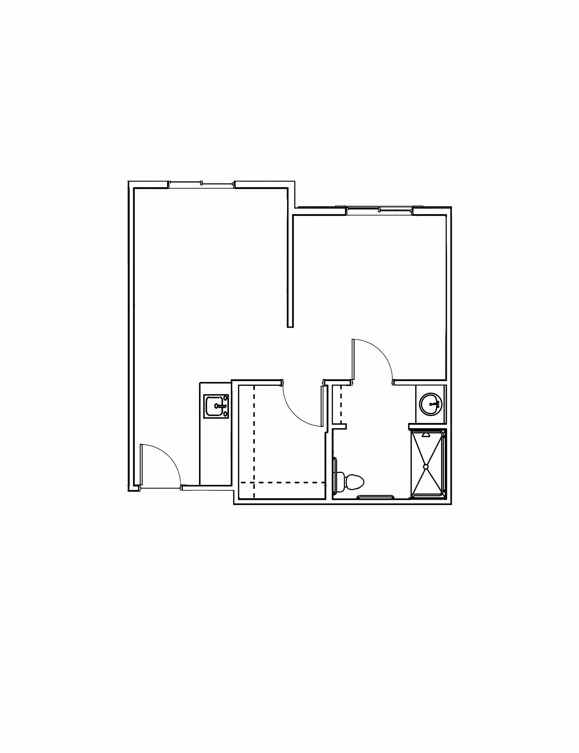 Architectural floor plan showing layout of a small apartment or unit with a bathroom including a toilet, sink, and shower, a closet, and an open living space.