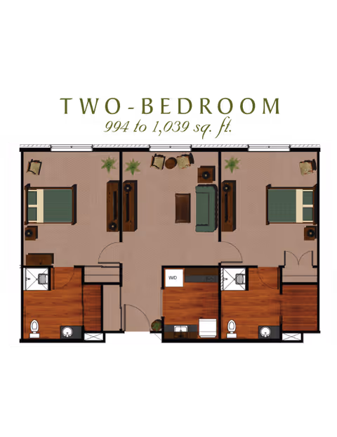 Floor plan of a two-bedroom apartment with an area ranging from 994 to 1,039 square feet. The layout includes two bedrooms, two bathrooms, a living area with seating and tables, and a kitchen area with washer/dryer.