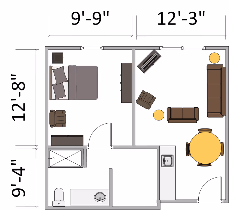 Floor plan of a senior living apartment unit showing a bedroom with a bed, armchair, dresser, and nightstand; a bathroom with a shower, toilet, and sink; and a living room area with a sofa, loveseat, armchair, TV, round dining table with four chairs, and a kitchen sink.