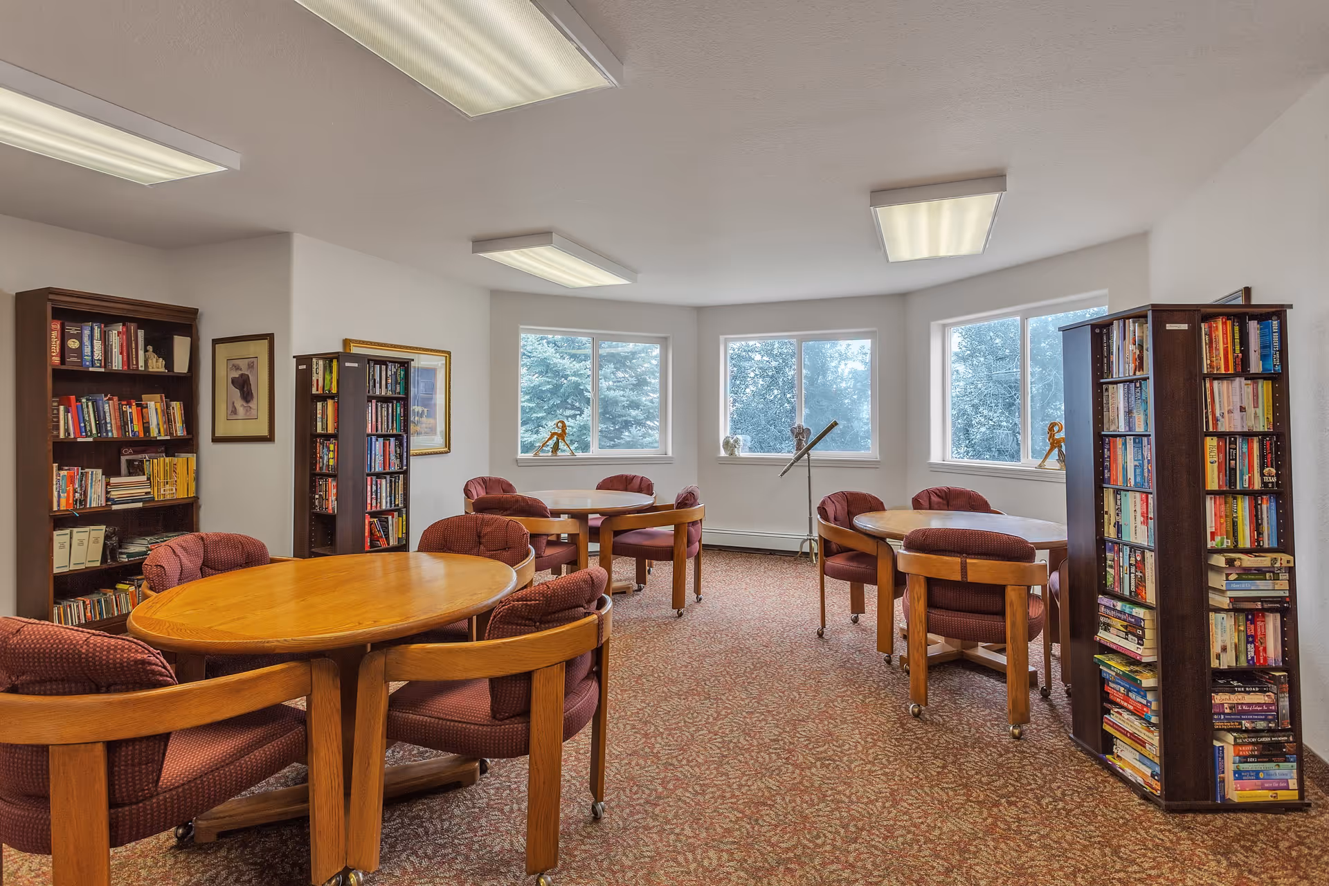 A cozy reading or activity room with several round wooden tables surrounded by cushioned chairs. The room has multiple bookshelves filled with books, large windows letting in natural light, and a patterned carpet. The walls are light-colored and decorated with framed pictures.