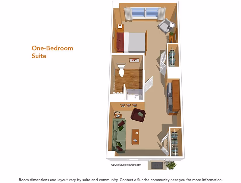 3D floor plan of a one-bedroom suite showing a bedroom with a bed and chair, a bathroom with a toilet and shower, and a living room with a sofa, armchair, coffee table, and TV unit.