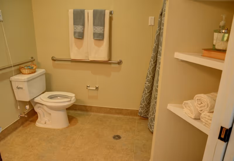 A clean and accessible bathroom with a white toilet, grab bars on the wall, two towels hanging on a towel rack, a shower area with a patterned curtain, and shelves holding neatly folded towels and toiletries.