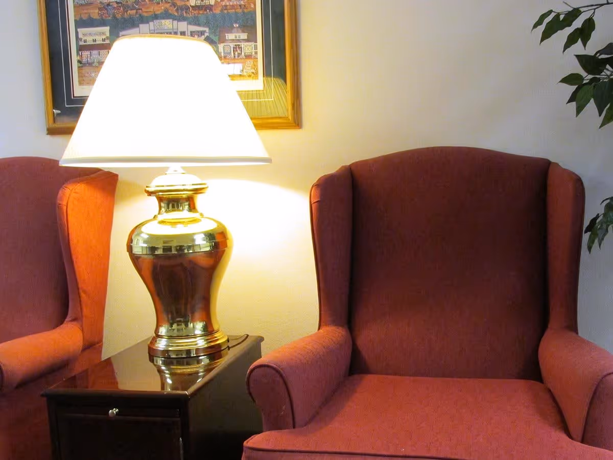 Two red upholstered armchairs with a wooden side table between them holding a brass table lamp with a white lampshade. A framed picture hangs on the wall behind the lamp, and a green plant is partially visible on the right side.