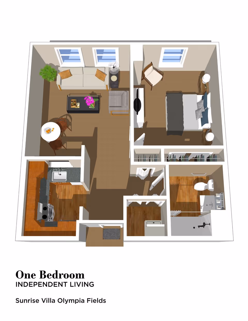 3D floor plan of a one-bedroom independent living unit at Sunrise Villa Olympia Fields, showing a living room with sofa, armchair, coffee table, and dining table; a kitchen with appliances and sink; a bedroom with bed, chair, and nightstands; a bathroom with toilet, sink, and shower; and closets.