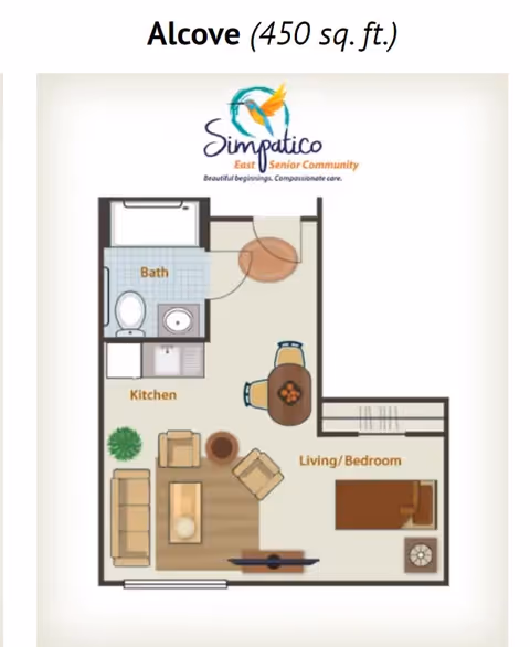 Floor plan of an alcove apartment with 450 square feet, showing a combined living and bedroom area with a bed, sofa, chairs, coffee table, and TV. The kitchen area includes a sink and counter space, and the bathroom has a toilet, sink, and bathtub. The layout includes a small dining table with two chairs. The image includes the logo and name of Simpatico East Senior Community at the top.