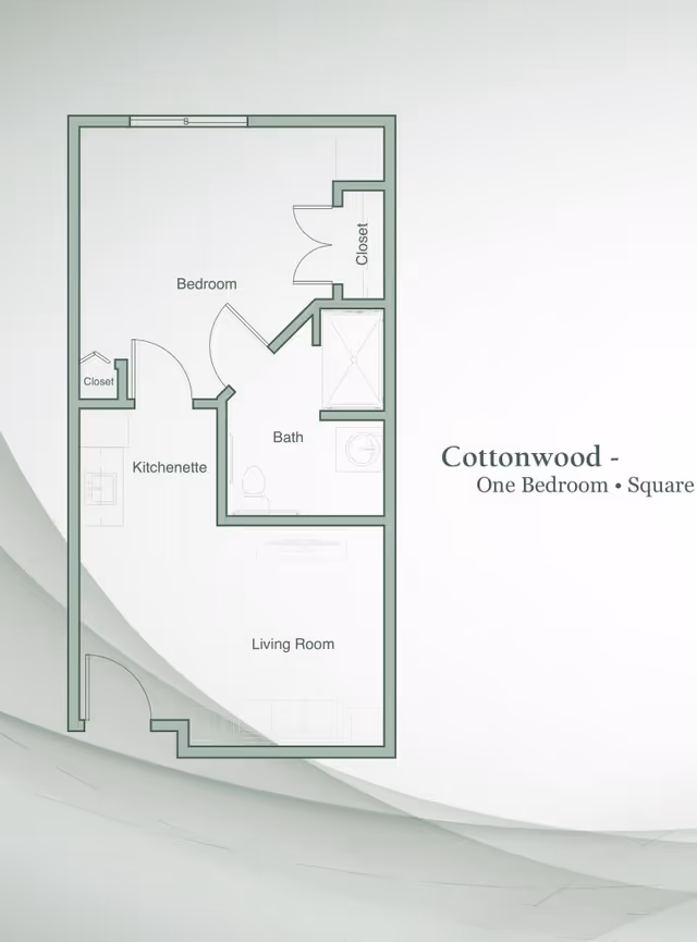 Floor plan layout of a one-bedroom apartment named Cottonwood, showing a bedroom with two closets, a bathroom, a kitchenette, and a living room area.