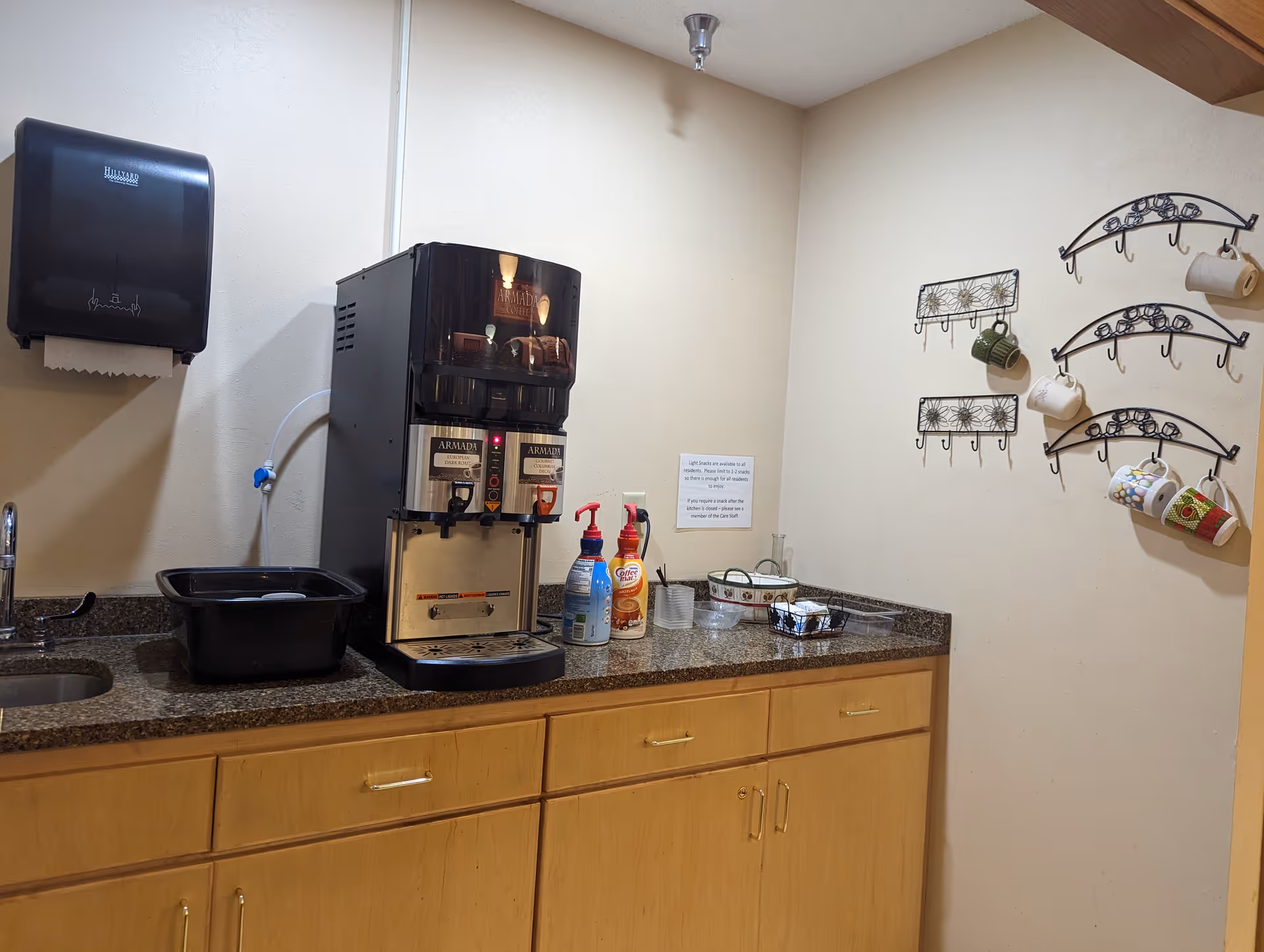 A small beverage station with a coffee machine, hand soap, and disinfectant spray on a granite countertop. There is a black paper towel dispenser mounted on the wall above a sink on the left. On the right wall, several decorative metal hooks hold colorful coffee mugs and a paper towel roll.