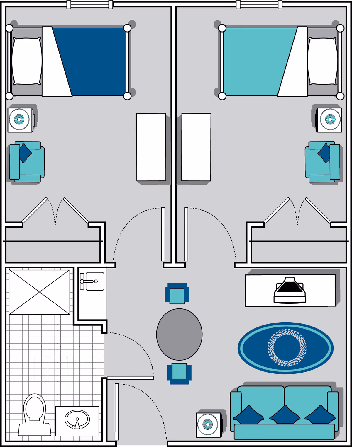 Floor plan of a senior living facility unit with two bedrooms, each containing a bed, nightstand with a lamp, and a chair. The unit also includes a shared living area with a sofa, coffee table, two chairs, and a TV stand. There is one bathroom with a toilet, sink, and shower.