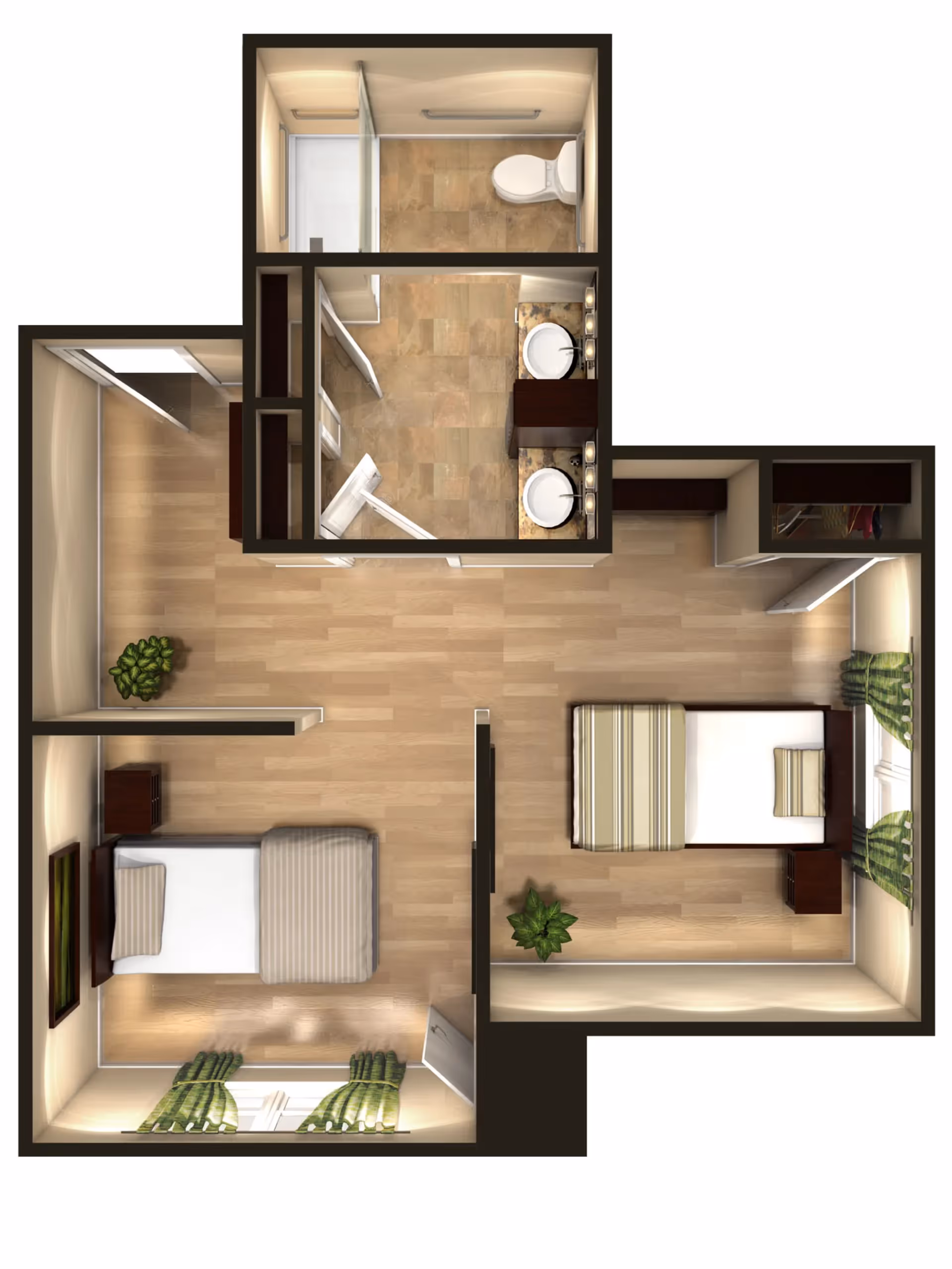 Top-down rendered floor plan showing two bedrooms, a shared bathroom with double sinks, and closets.