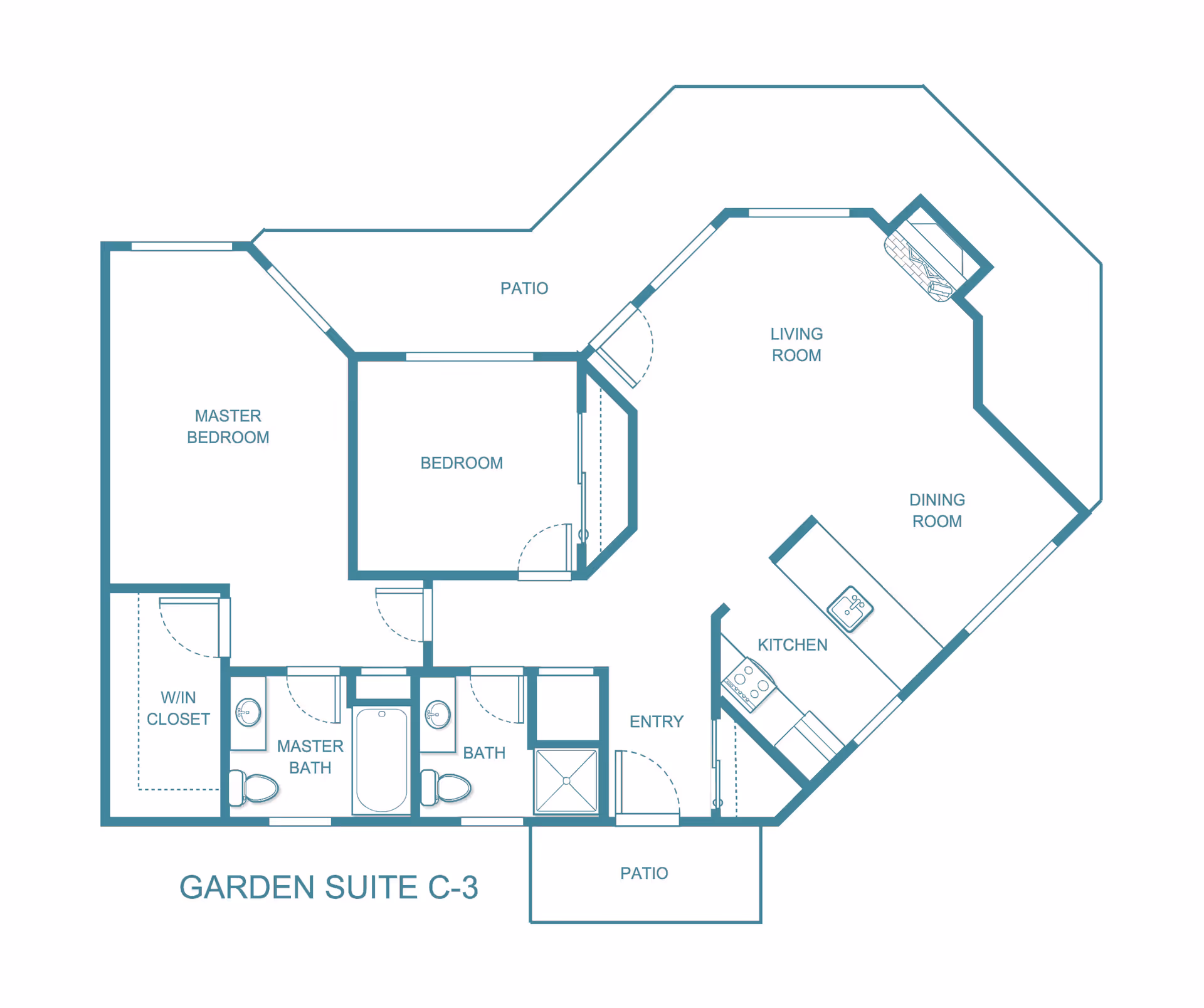 Architectural floor plan of Garden Suite C-3 at Independence Village of Saginaw (Wescourt) showing layout with master bedroom, bedroom, walk-in closet, master bath, bath, entry, kitchen, dining room, living room, and two patios.