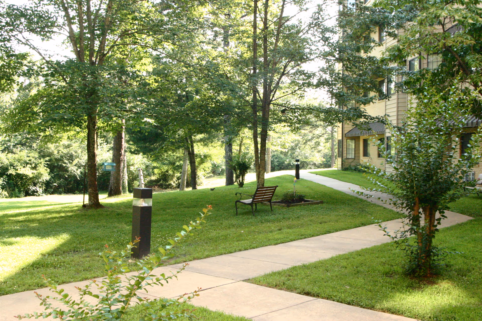 Grassy outdoor courtyard with trees, a paved walkway, a bench, and the side of a multi-story building.