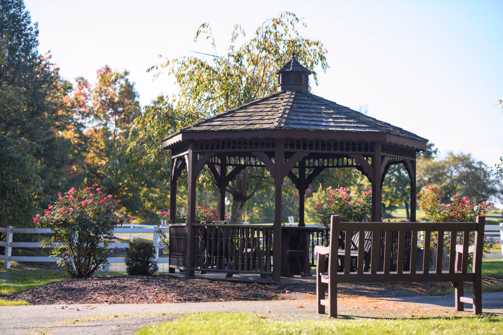 Wooden gazebo with benches and flowering shrubs in a sunny landscaped outdoor area.