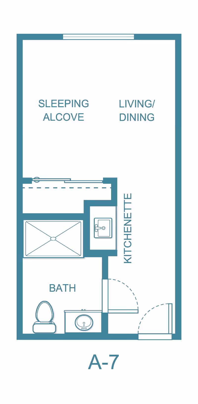 Floor plan labeled A-7 showing a small living space with designated areas for sleeping alcove, living/dining, kitchenette, and a bath with toilet and sink.