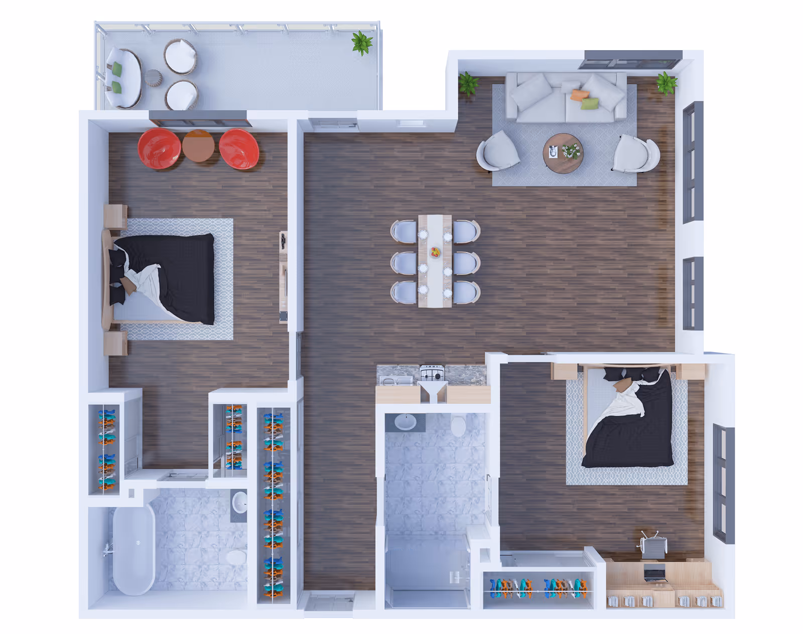 Top-down view of a two-bedroom apartment floor plan featuring a living room with sofa and chairs, a dining area with a table and six chairs, a kitchen with appliances, two bedrooms each with a bed and closet, a bathroom with a bathtub and toilet, and a balcony with seating.