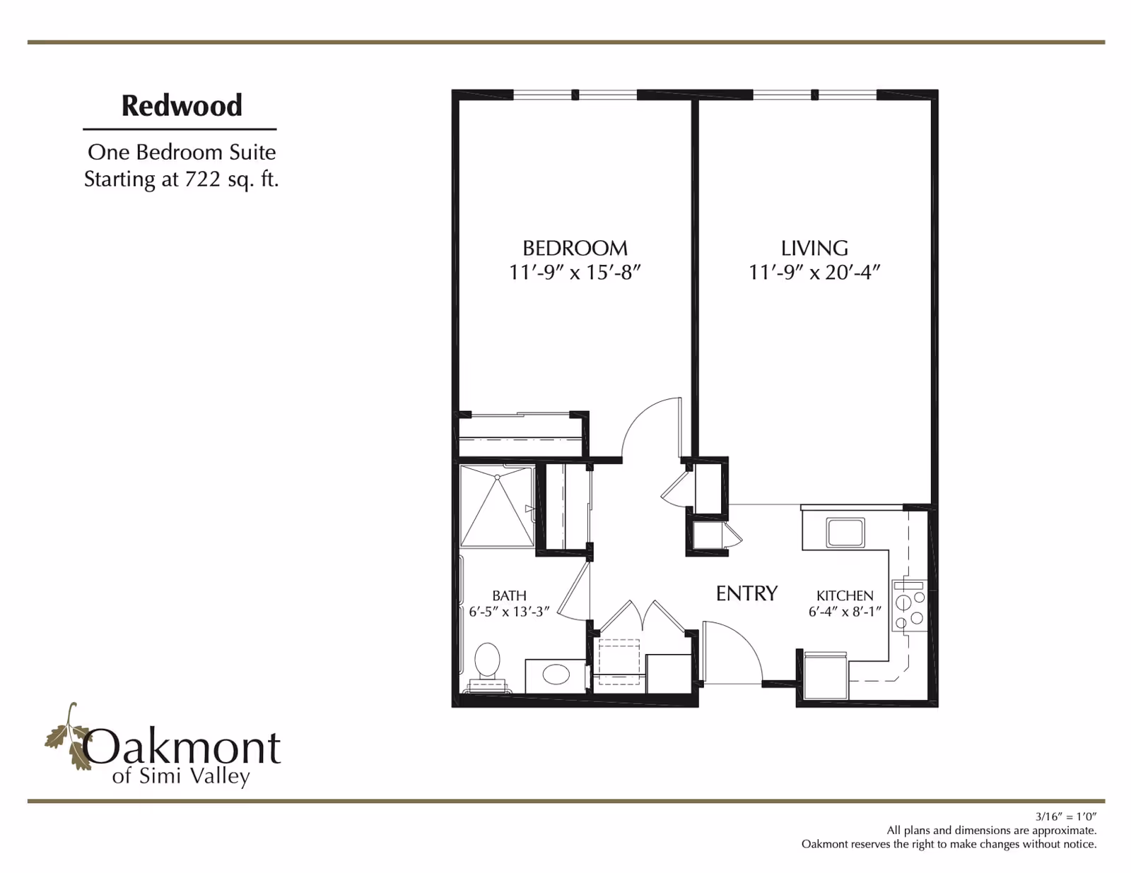 Floor plan of the Redwood one-bedroom suite at Oakmont of Simi Valley, showing a bedroom measuring 11 feet 9 inches by 15 feet 8 inches, a living room measuring 11 feet 9 inches by 20 feet 4 inches, a kitchen measuring 6 feet 4 inches by 8 feet 1 inch, a bathroom measuring 6 feet 5 inches by 13 feet 3 inches, and an entry area.