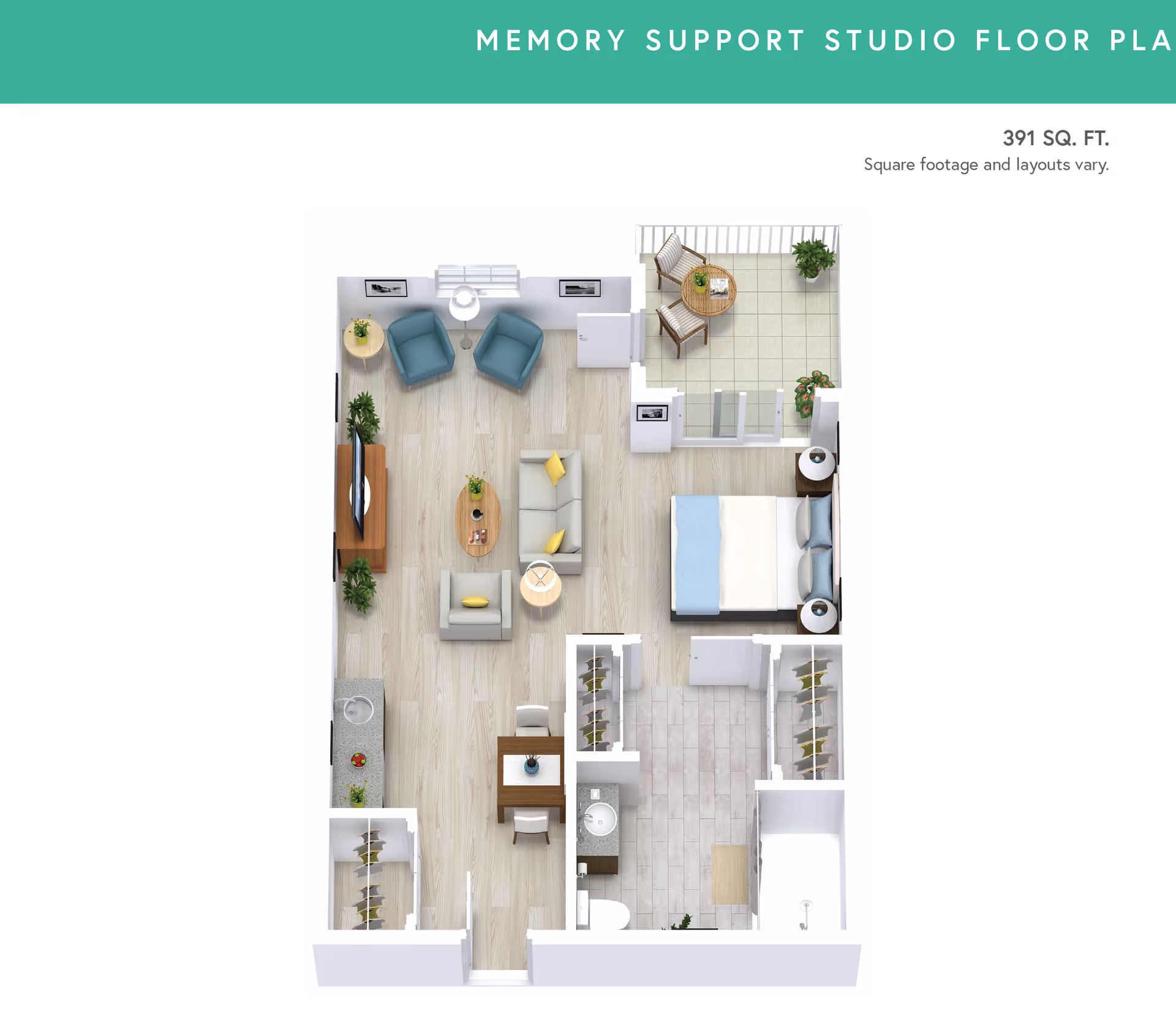 3D floor plan of a memory support studio apartment with 391 square feet. The layout includes a living area with a sofa, armchair, coffee table, two chairs with a side table, and a TV stand. Adjacent to the living area is a small dining table with two chairs. The bedroom area has a bed with two nightstands. There is a bathroom with a sink, toilet, and shower. The apartment also features a small kitchen area with a countertop and sink, multiple closets, and a balcony with two chairs, a round table, and potted plants.