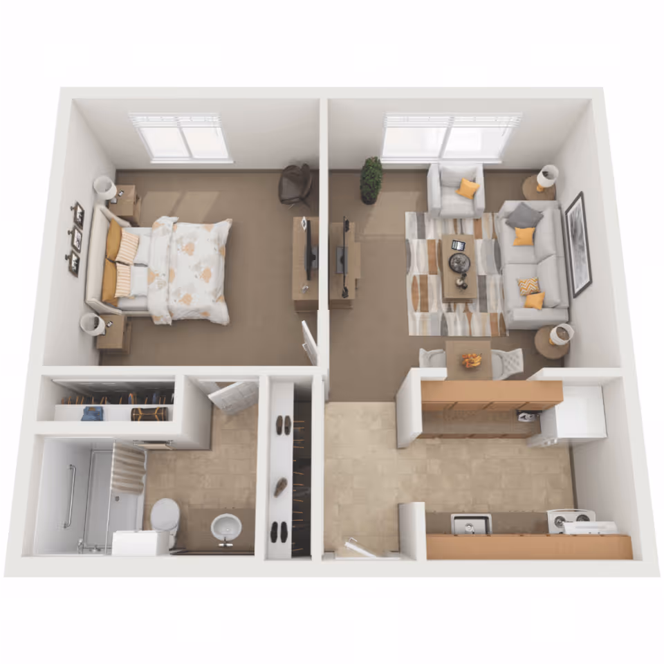 3D floor plan of a one-bedroom apartment showing a bedroom with a bed and nightstands, a living room with a sofa, armchair, coffee table, and TV, a kitchen with appliances and cabinets, and a bathroom with a shower, toilet, and sink.