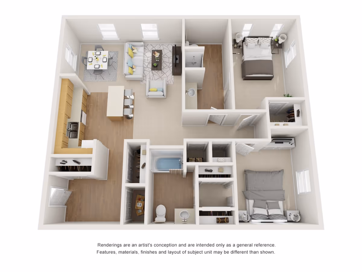 3D rendered floor plan of a two-bedroom apartment with an open kitchen, living/dining area, bathrooms, and closets.