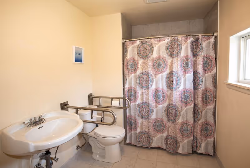 A bathroom with a white sink and toilet equipped with metal safety grab bars. There is a shower with a curtain featuring a circular pattern in shades of red, blue, and beige. A small window is visible on the right wall, and a small framed picture hangs on the left wall above the toilet.