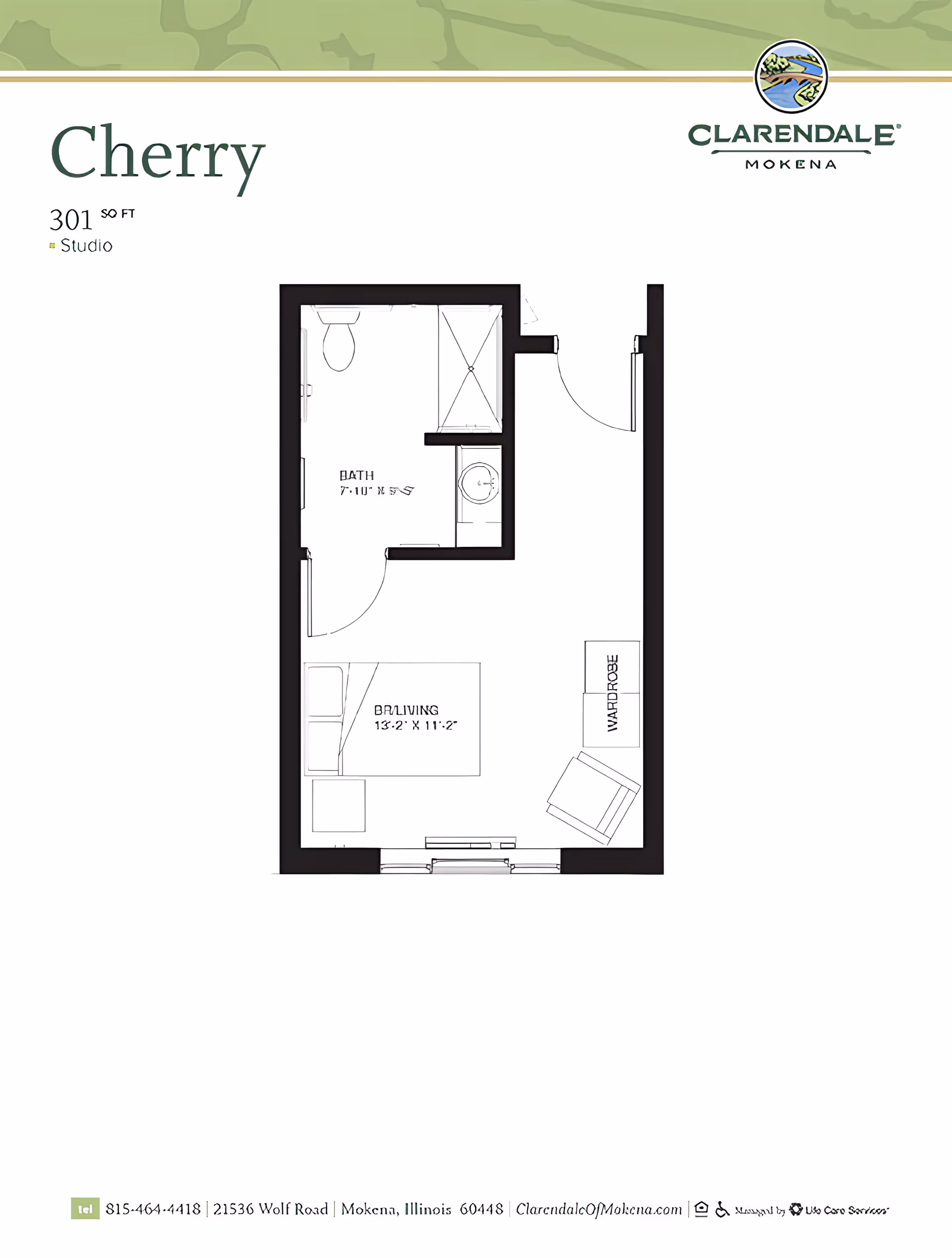Floor plan for the 'Cherry' 301 sq ft studio at Clarendale of Mokena showing a bath, living/sleeping area and wardrobe.