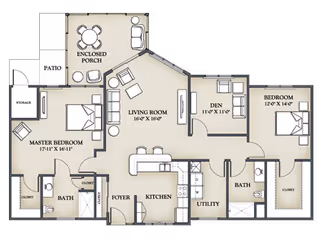 Architectural floor plan of a residential unit at Kendal at Oberlin showing a master bedroom with bath and closet, a living room, kitchen, den, second bedroom with closet, second bath, utility room, foyer, enclosed porch, patio, and storage area.